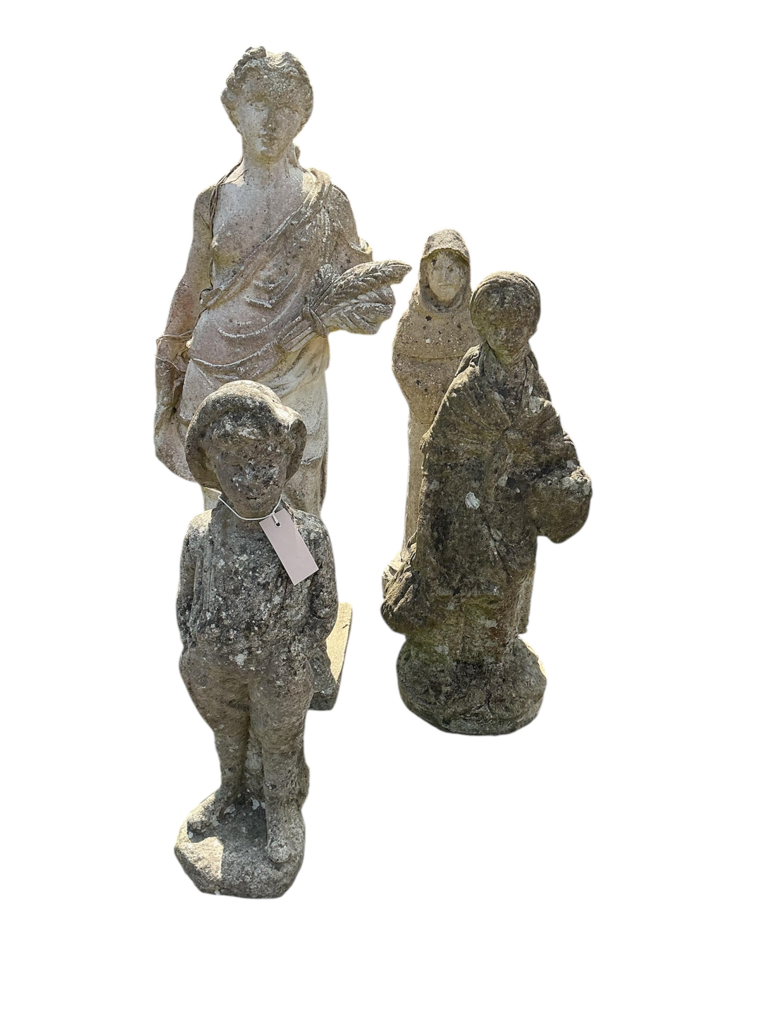 Four reconstituted stone garden statues, largest height 87cm